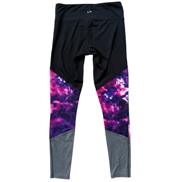 Champion Women’s Black Leggings with Purple-Pink Pattern and Gray Panels - Picture 2 of 4